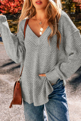 Light Grey Oversized V Neck Drop Shoulder Sweater with Eyelet Detail