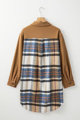 Khaki Plaid Patchwork Long Sleeve Mini Dress with Pockets
