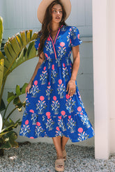 Sky Blue Floral Puff Short Sleeve V Neck High Waist Maxi Dress