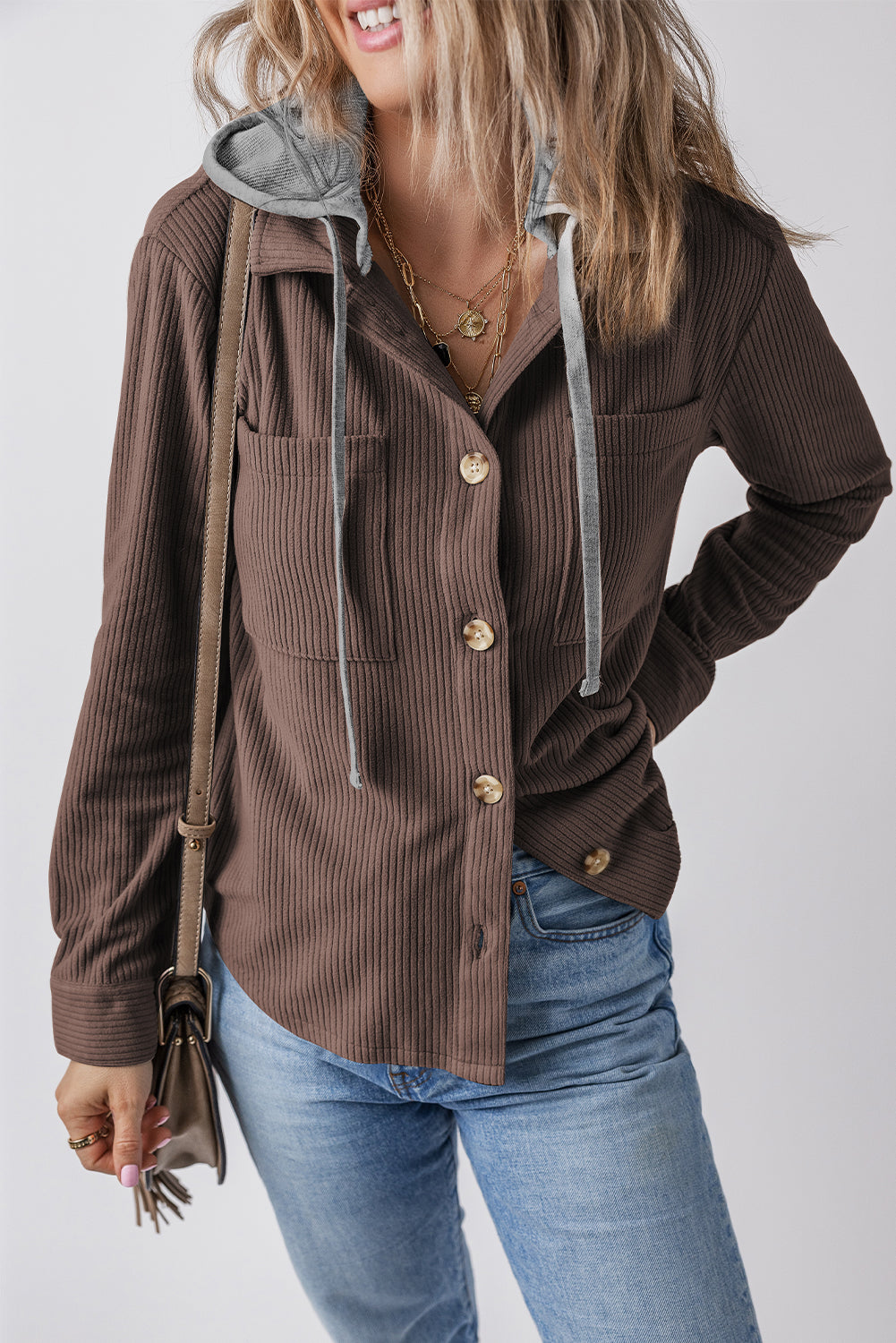 Black Hooded Drawstring Pockets Corduroy Shacket