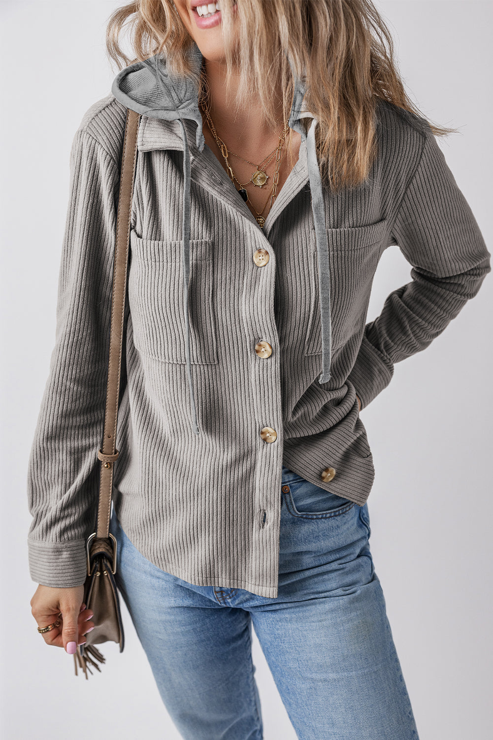 Black Hooded Drawstring Pockets Corduroy Shacket