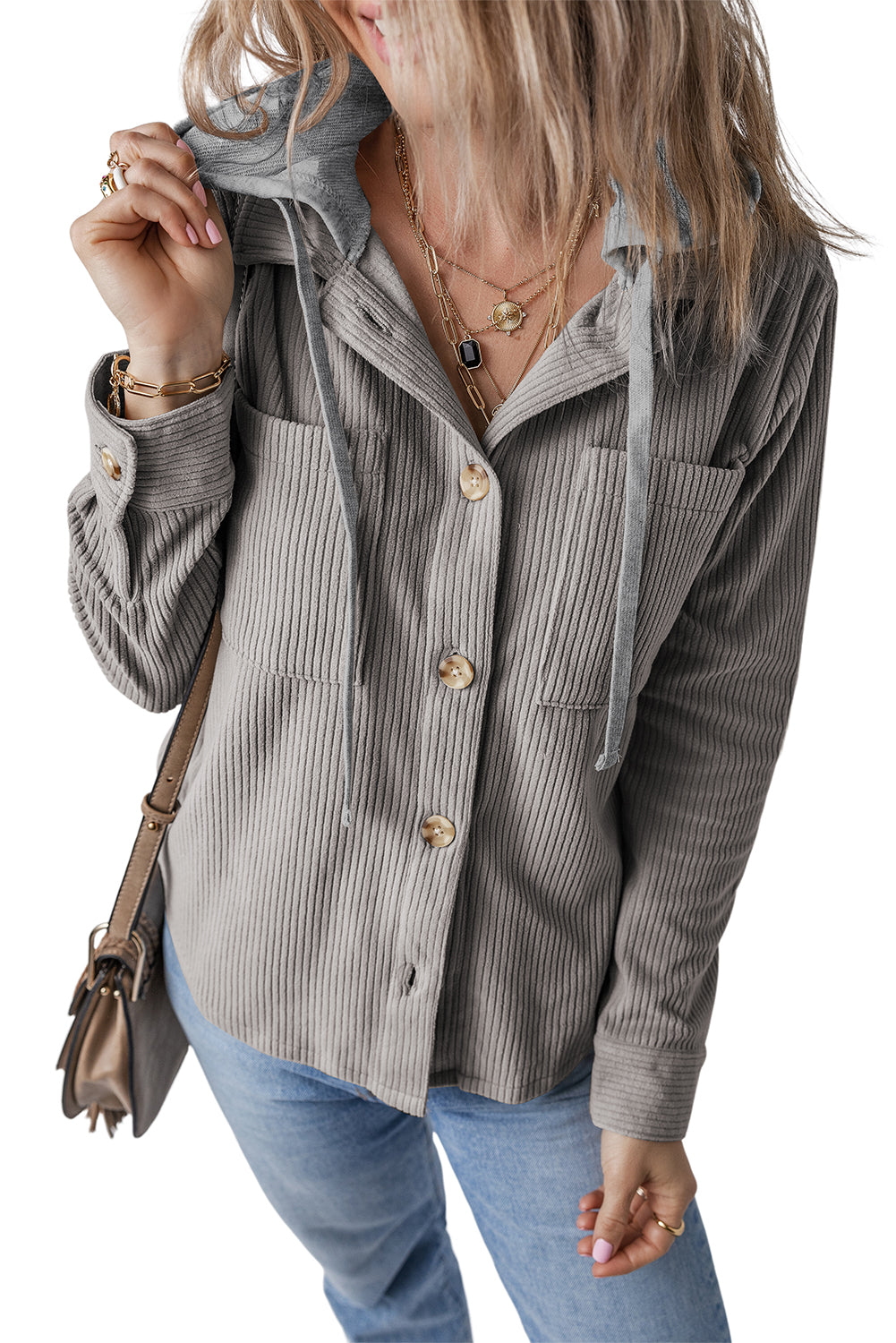 Black Hooded Drawstring Pockets Corduroy Shacket