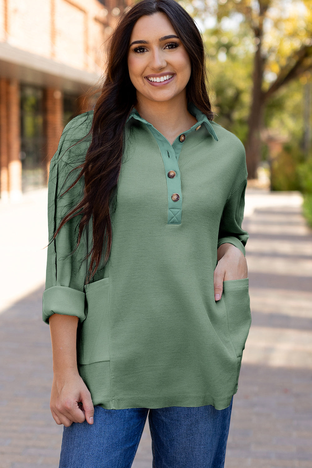 Pink Waffle Long Sleeve Collared Half Button Relaxed Fit Top