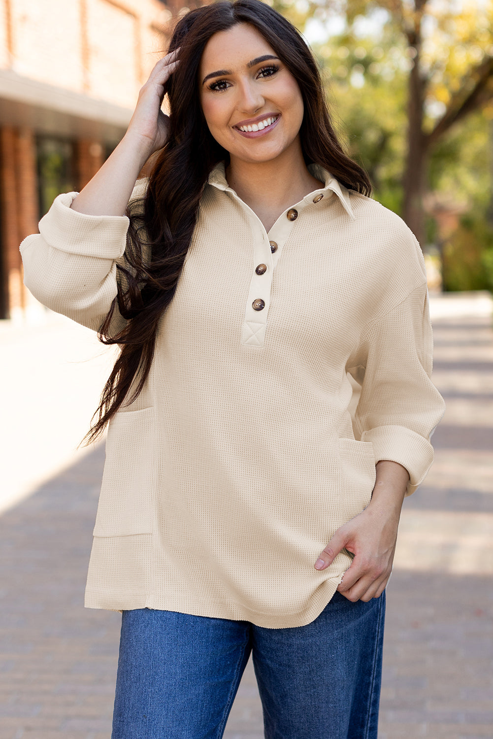 Pink Waffle Long Sleeve Collared Half Button Relaxed Fit Top