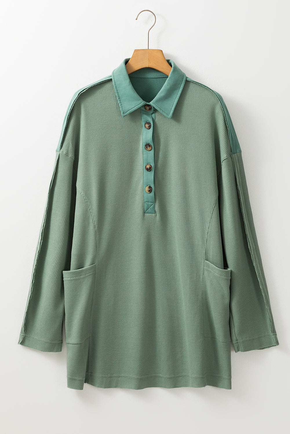 Pink Waffle Long Sleeve Collared Half Button Relaxed Fit Top