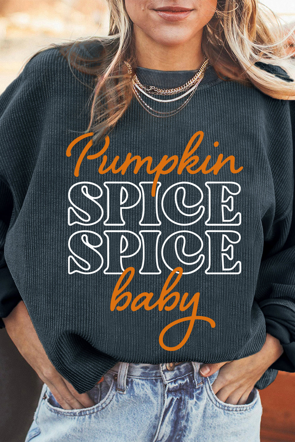 Dark Grey Textured Sweatshirt with Pumpkin Spice Baby Graphic for Halloween