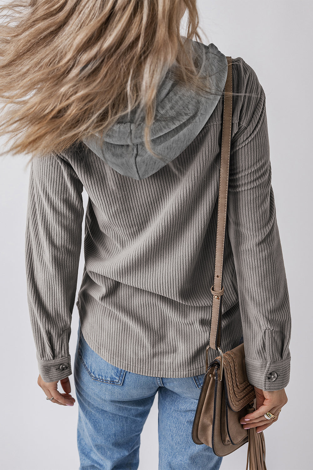 Black Hooded Drawstring Pockets Corduroy Shacket