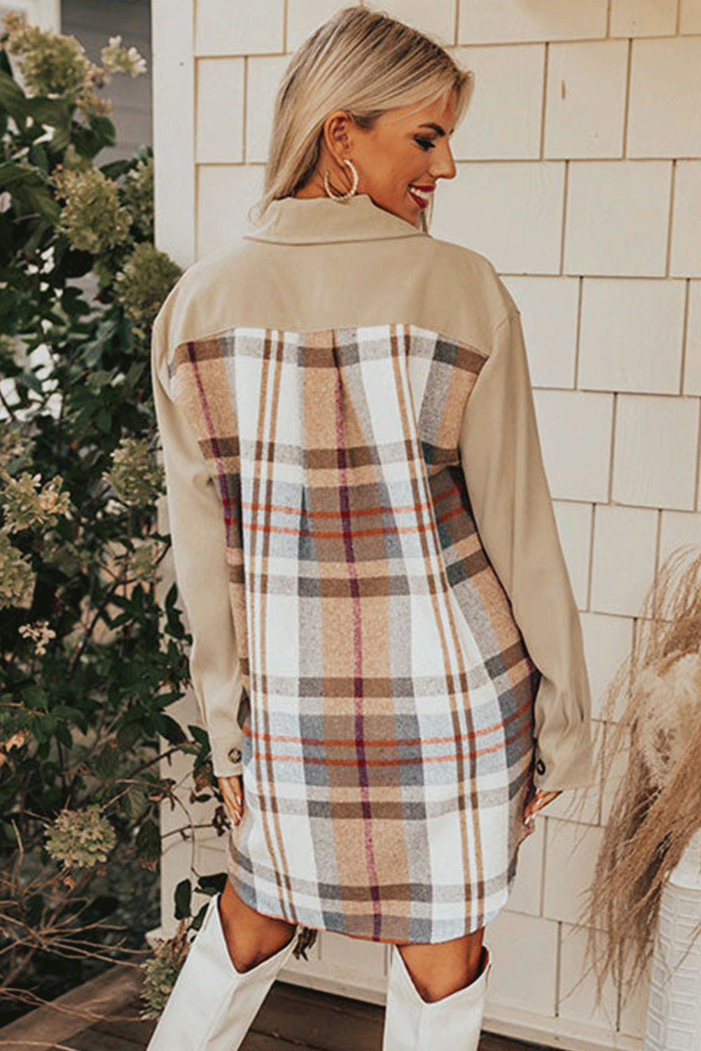 Khaki Plaid Patchwork Long Sleeve Mini Dress with Pockets