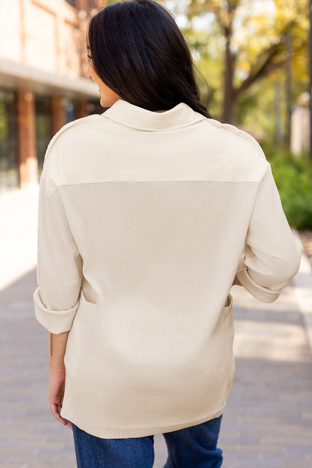 Pink Waffle Long Sleeve Collared Half Button Relaxed Fit Top