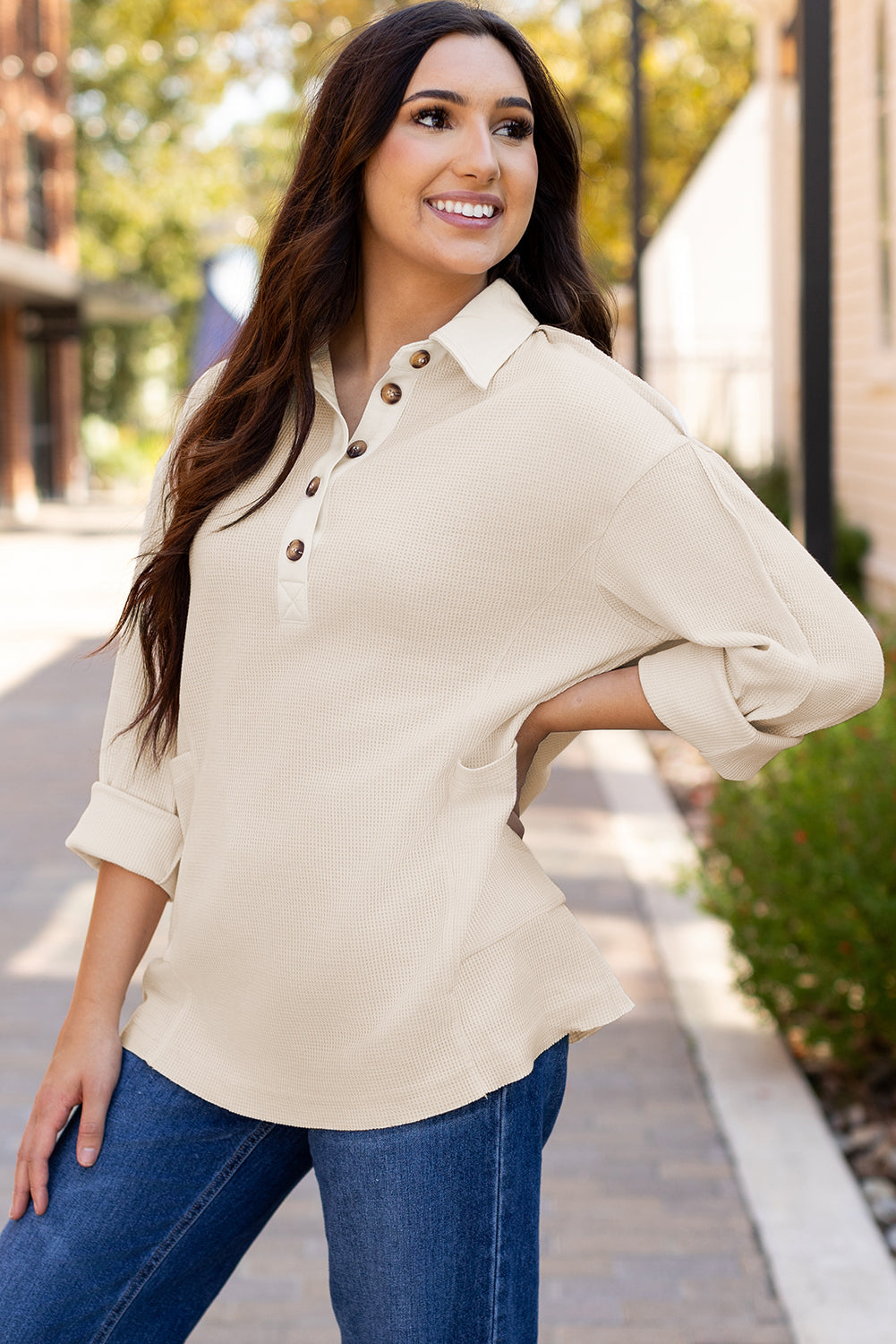 Pink Waffle Long Sleeve Collared Half Button Relaxed Fit Top