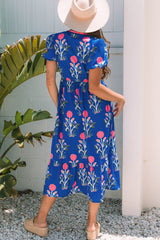 Sky Blue Floral Puff Short Sleeve V Neck High Waist Maxi Dress