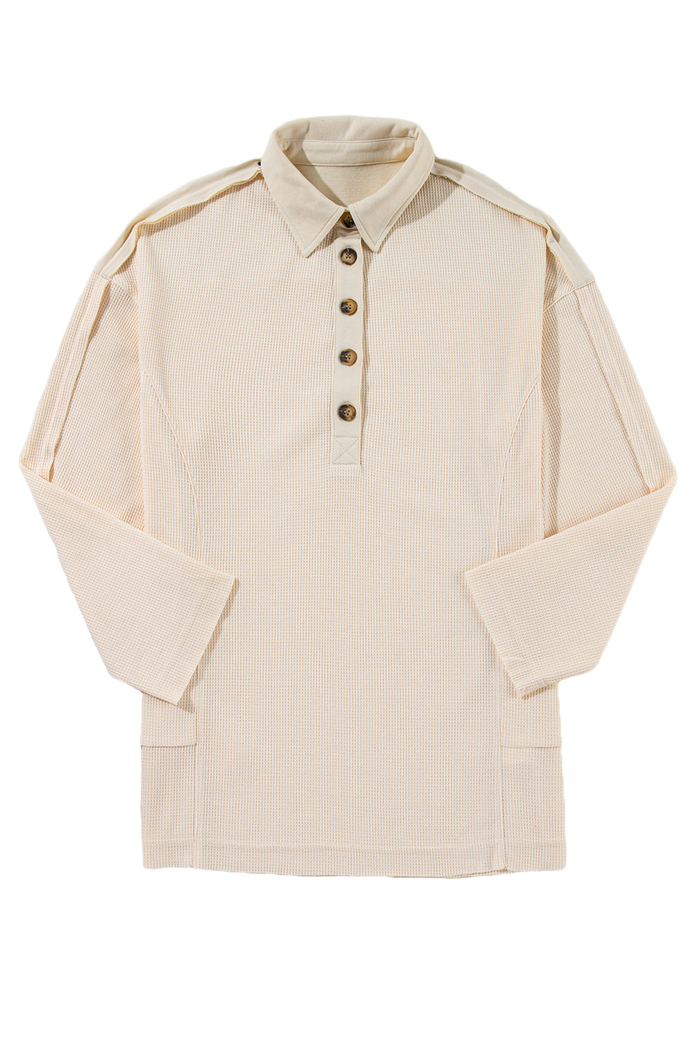 Pink Waffle Long Sleeve Collared Half Button Relaxed Fit Top