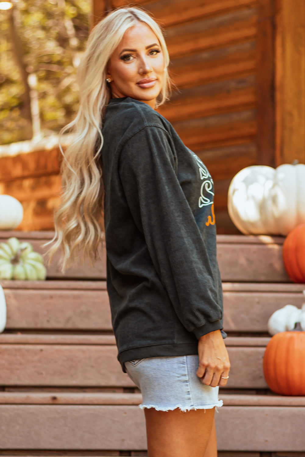 Dark Grey Textured Sweatshirt with Pumpkin Spice Baby Graphic for Halloween