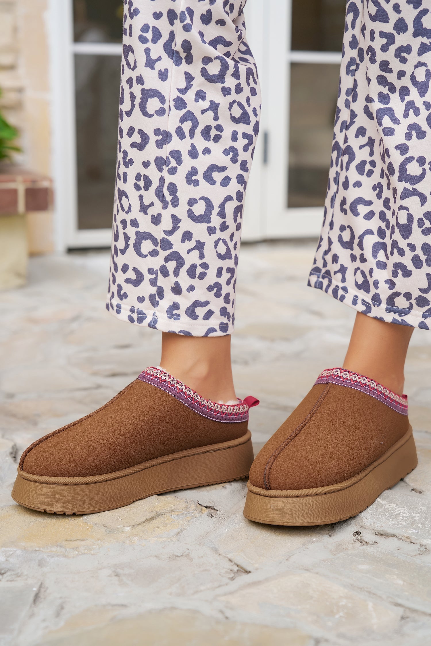 Chestnut Suede Contrast Print Plush Lined Snow Boots