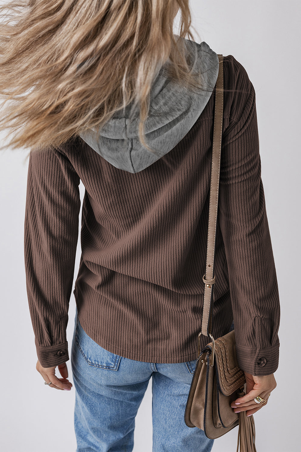 Black Hooded Drawstring Pockets Corduroy Shacket
