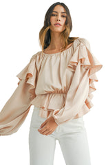 Oatmeal Lace-up Keyhole Back Ruffled Peplum Blouse