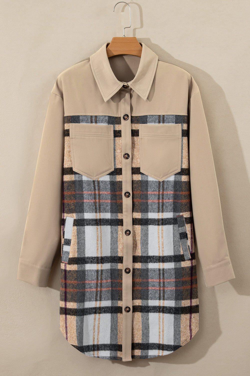 Khaki Plaid Patchwork Long Sleeve Mini Dress with Pockets