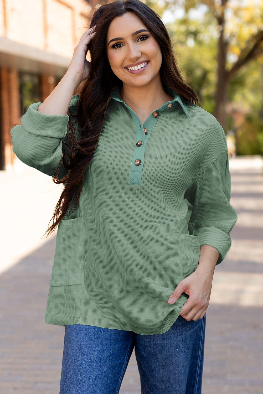 Pink Waffle Long Sleeve Collared Half Button Relaxed Fit Top