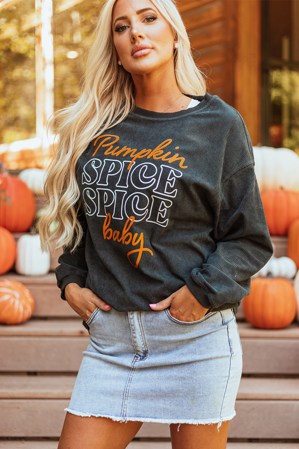 Dark Grey Textured Sweatshirt with Pumpkin Spice Baby Graphic for Halloween
