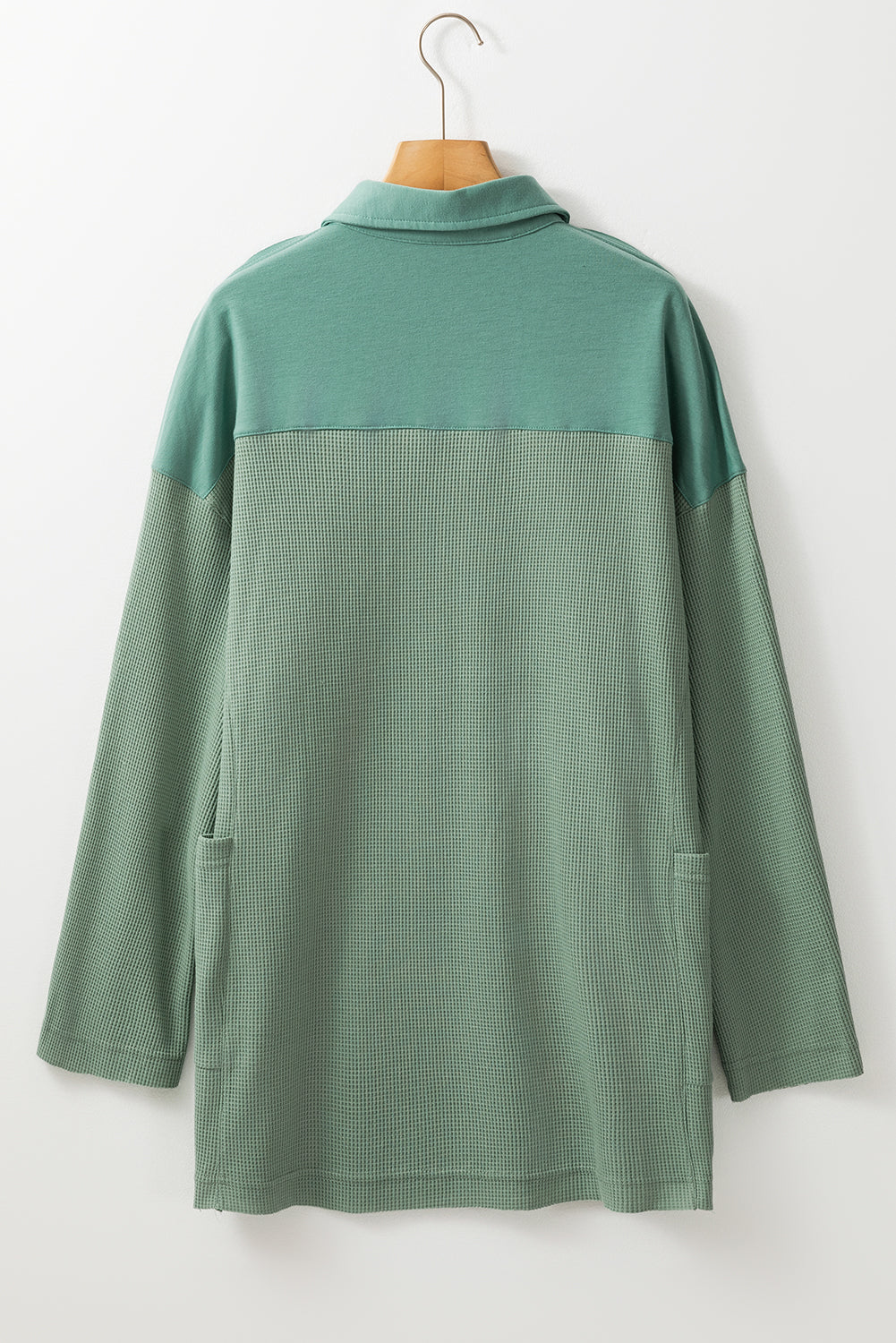 Pink Waffle Long Sleeve Collared Half Button Relaxed Fit Top