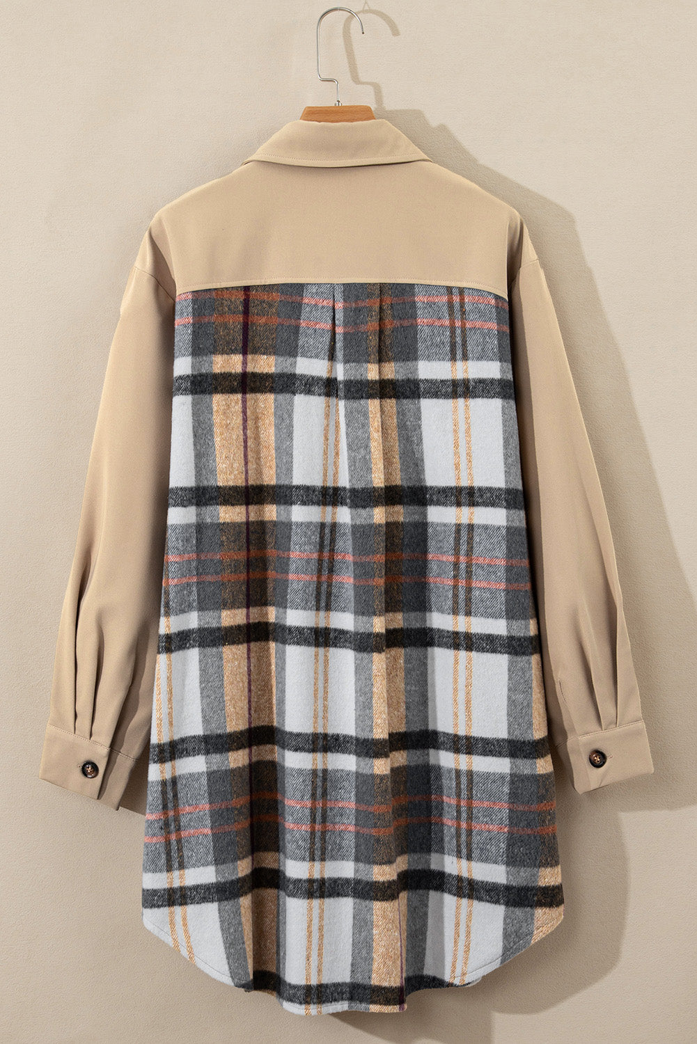 Khaki Plaid Patchwork Long Sleeve Mini Dress with Pockets
