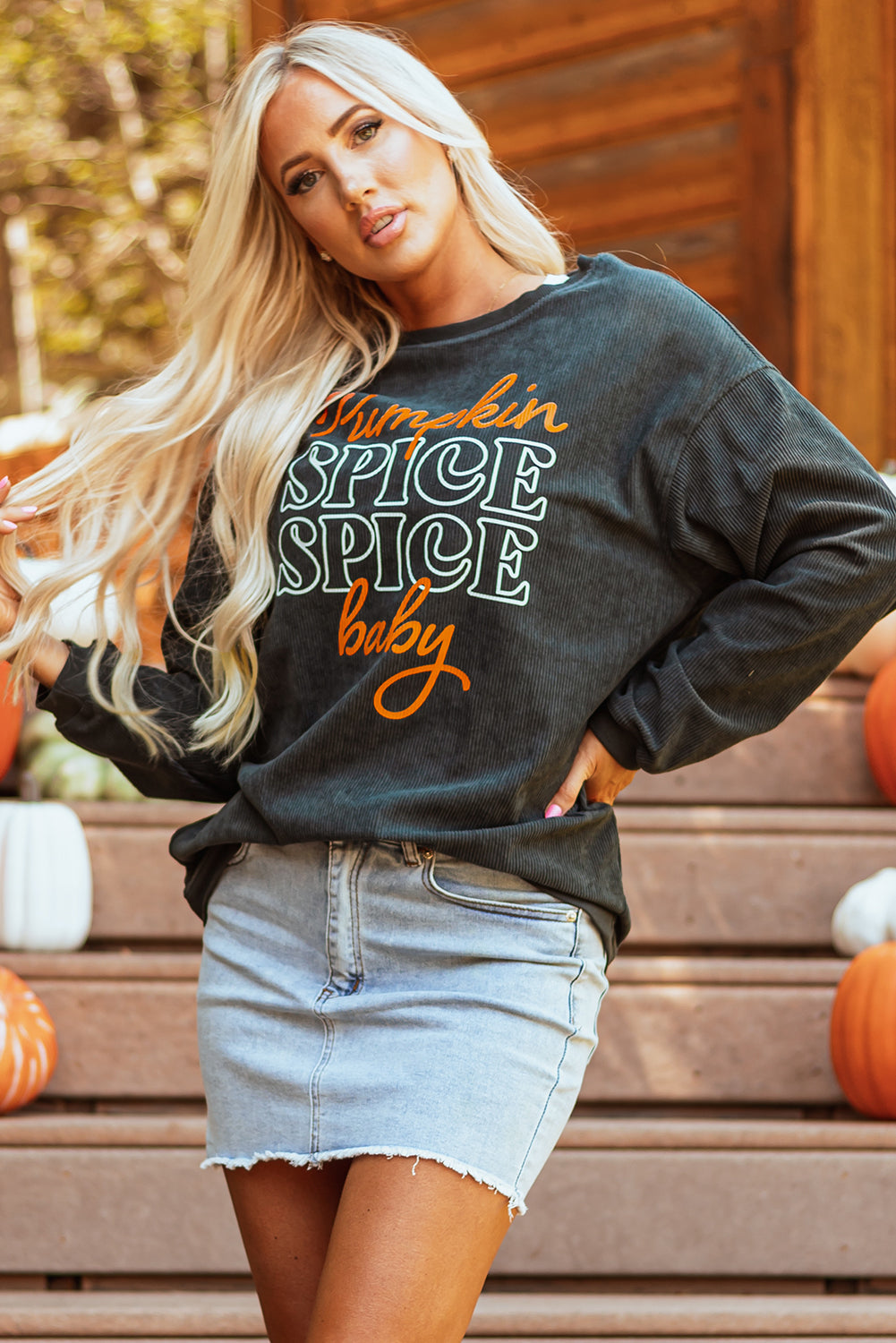 Dark Grey Textured Sweatshirt with Pumpkin Spice Baby Graphic for Halloween