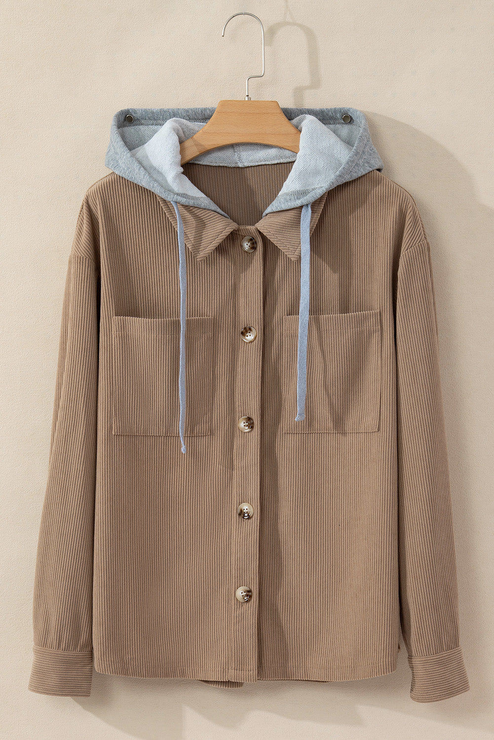Black Hooded Drawstring Pockets Corduroy Shacket