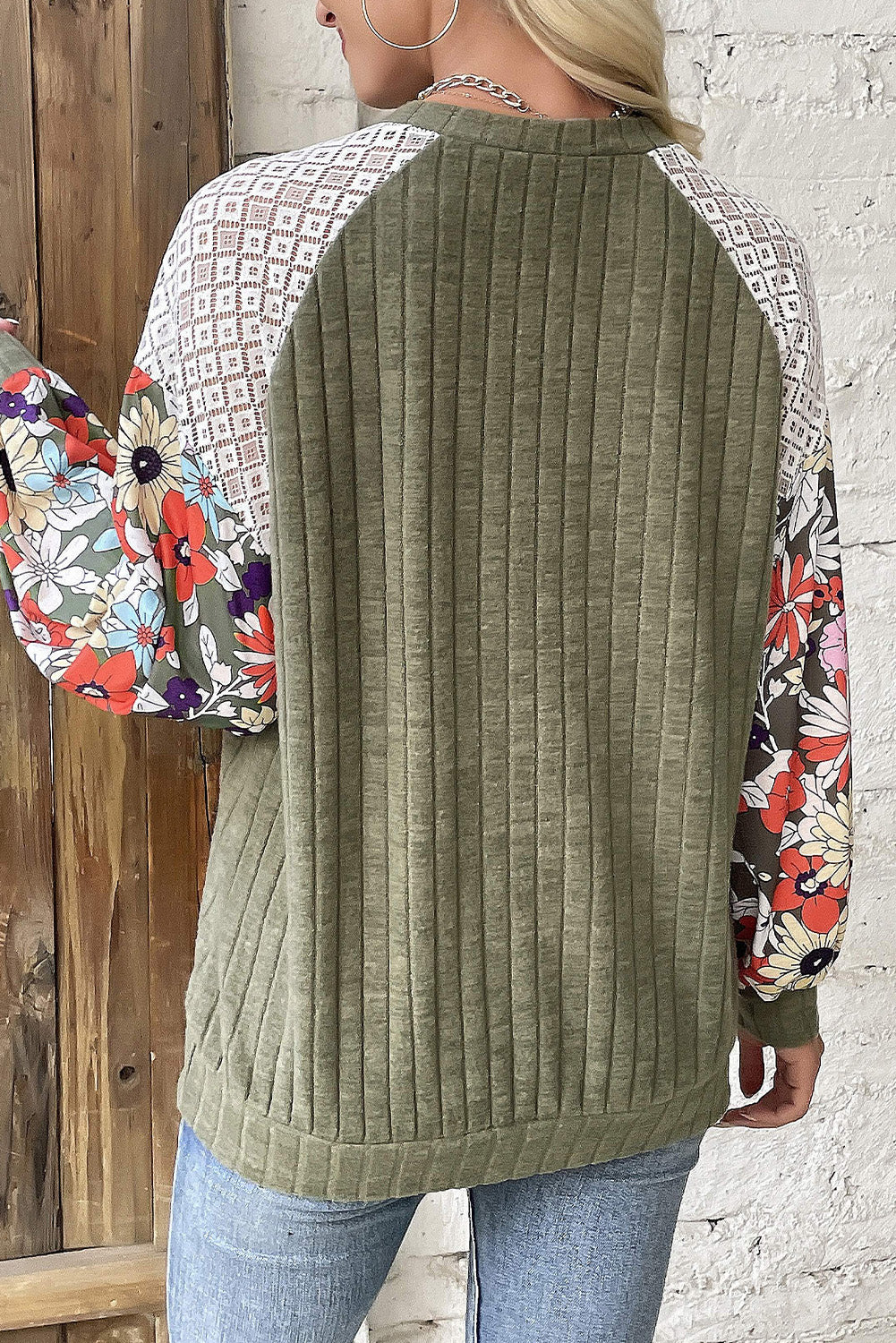 Parchment Floral Patchwork Long Sleeve Ribbed Blouse