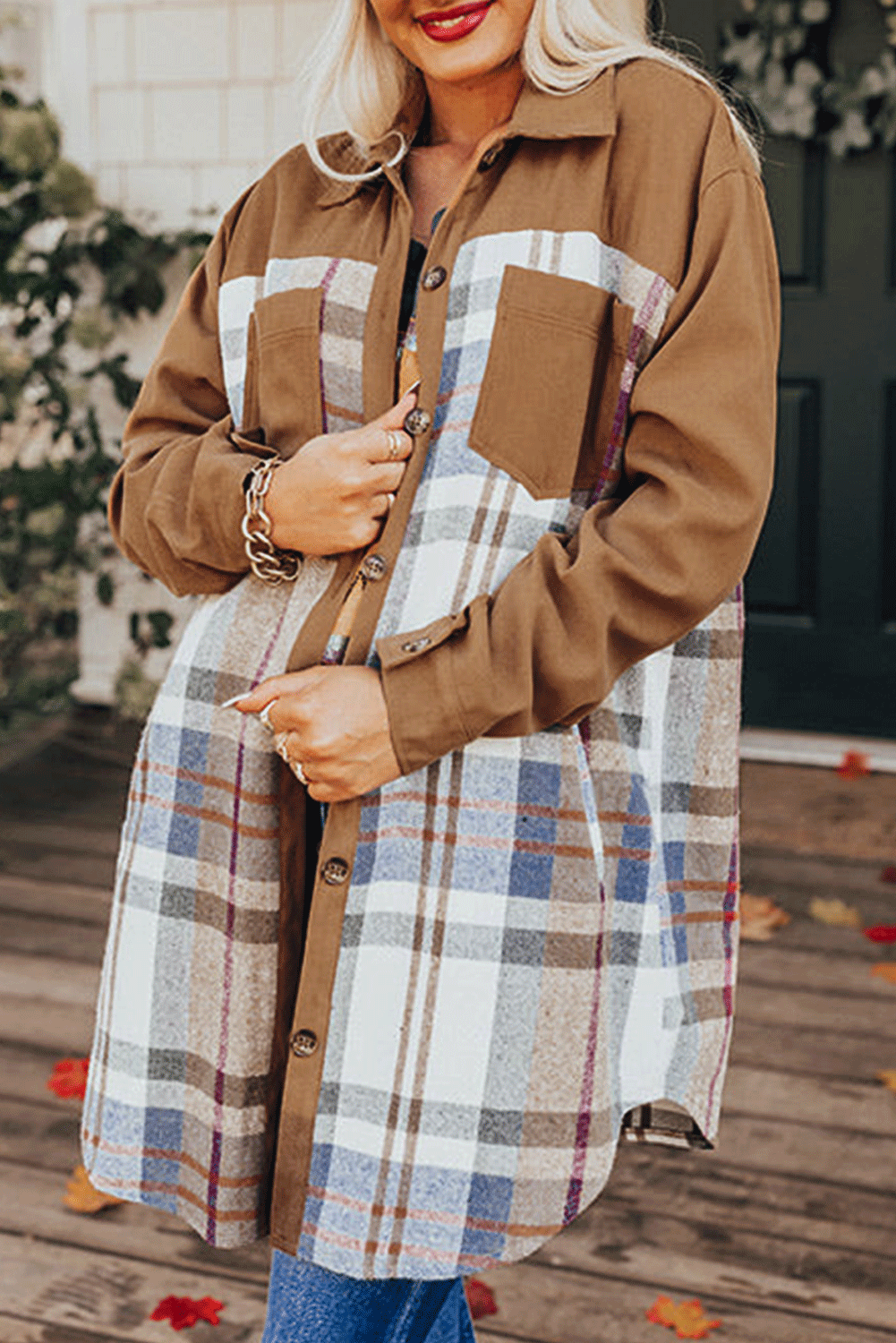 Khaki Plaid Patchwork Long Sleeve Mini Dress with Pockets