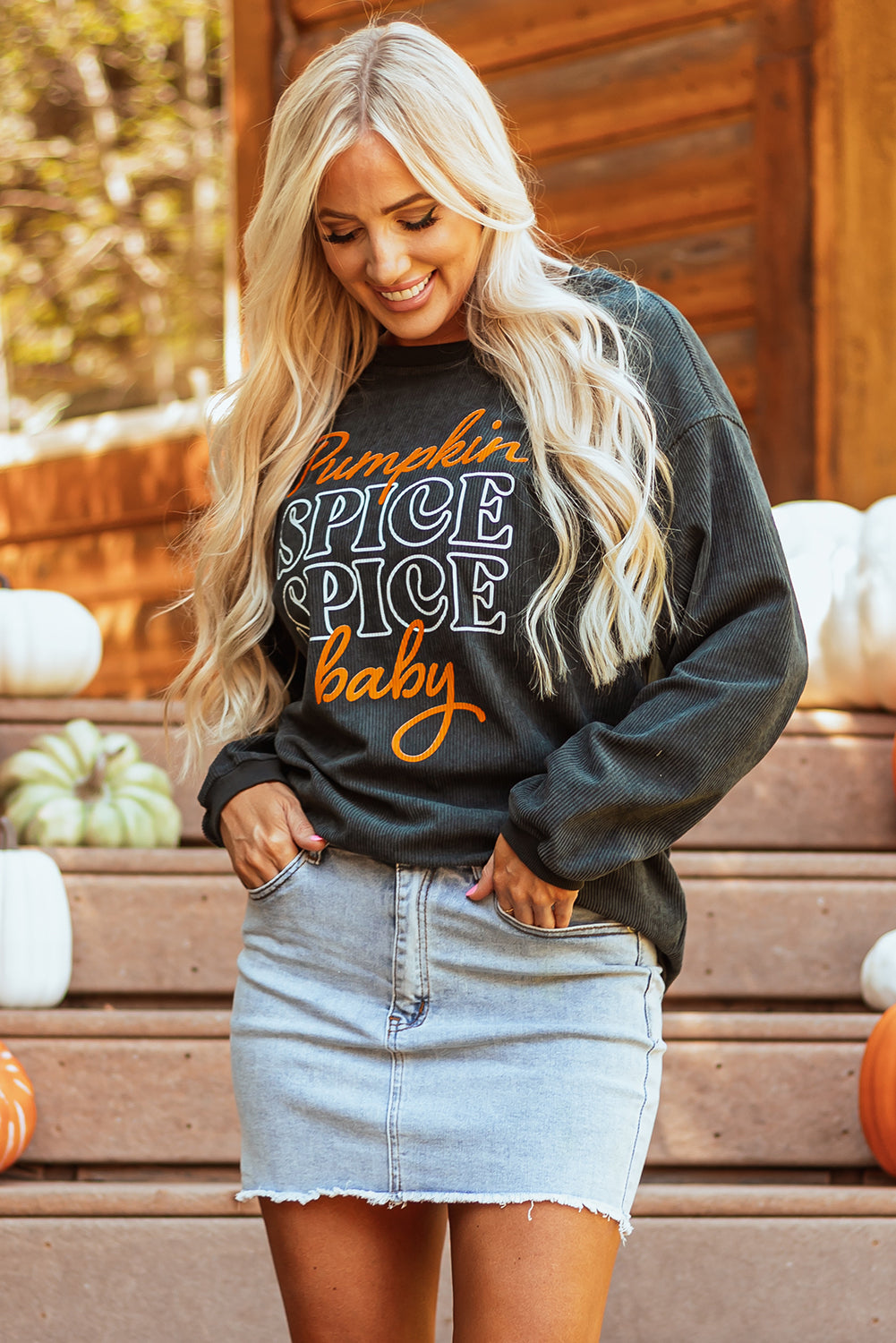 Dark Grey Textured Sweatshirt with Pumpkin Spice Baby Graphic for Halloween