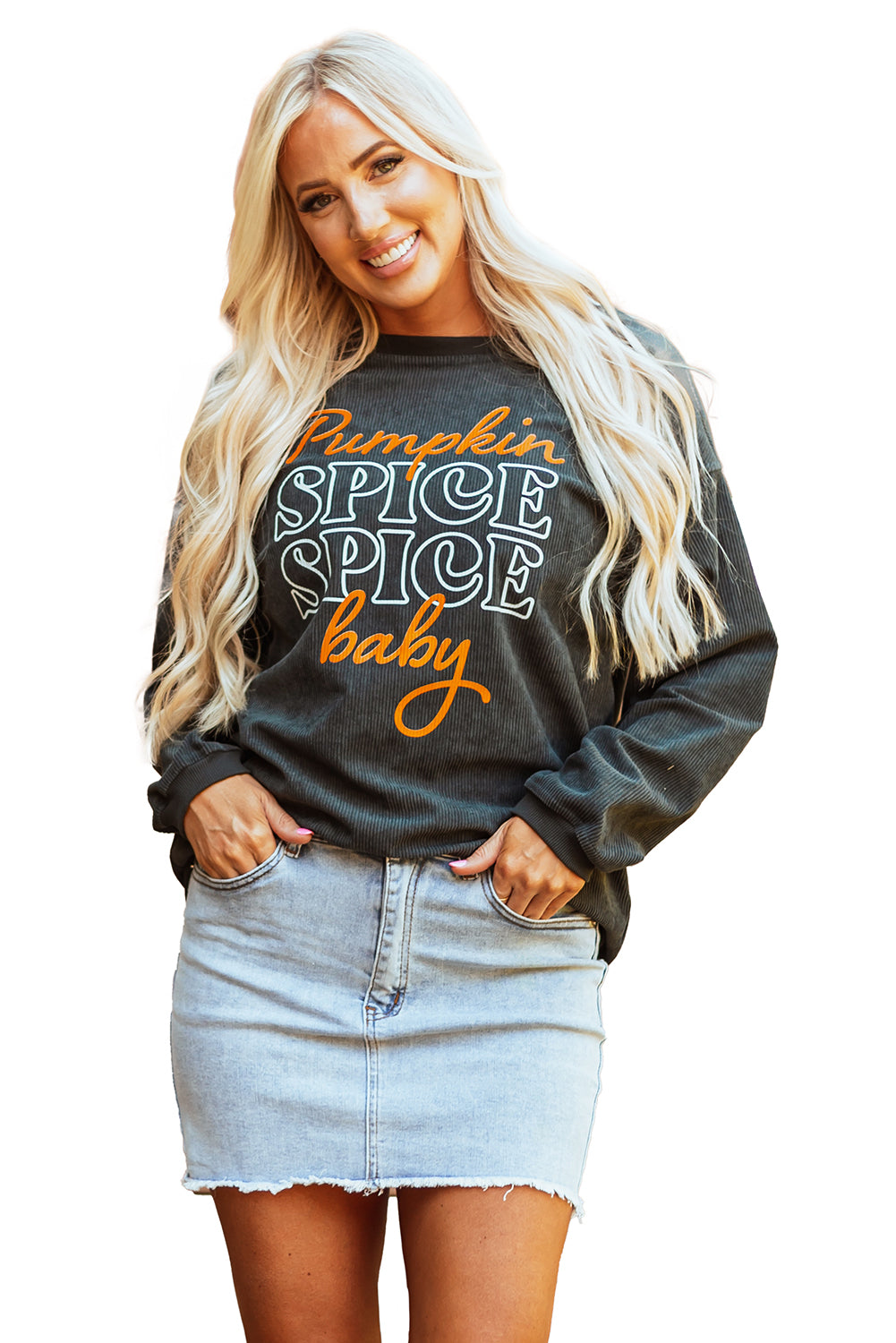 Dark Grey Textured Sweatshirt with Pumpkin Spice Baby Graphic for Halloween
