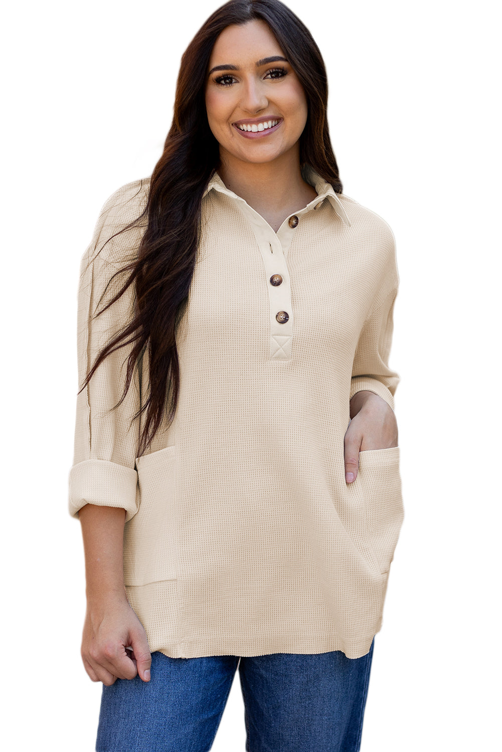 Pink Waffle Long Sleeve Collared Half Button Relaxed Fit Top