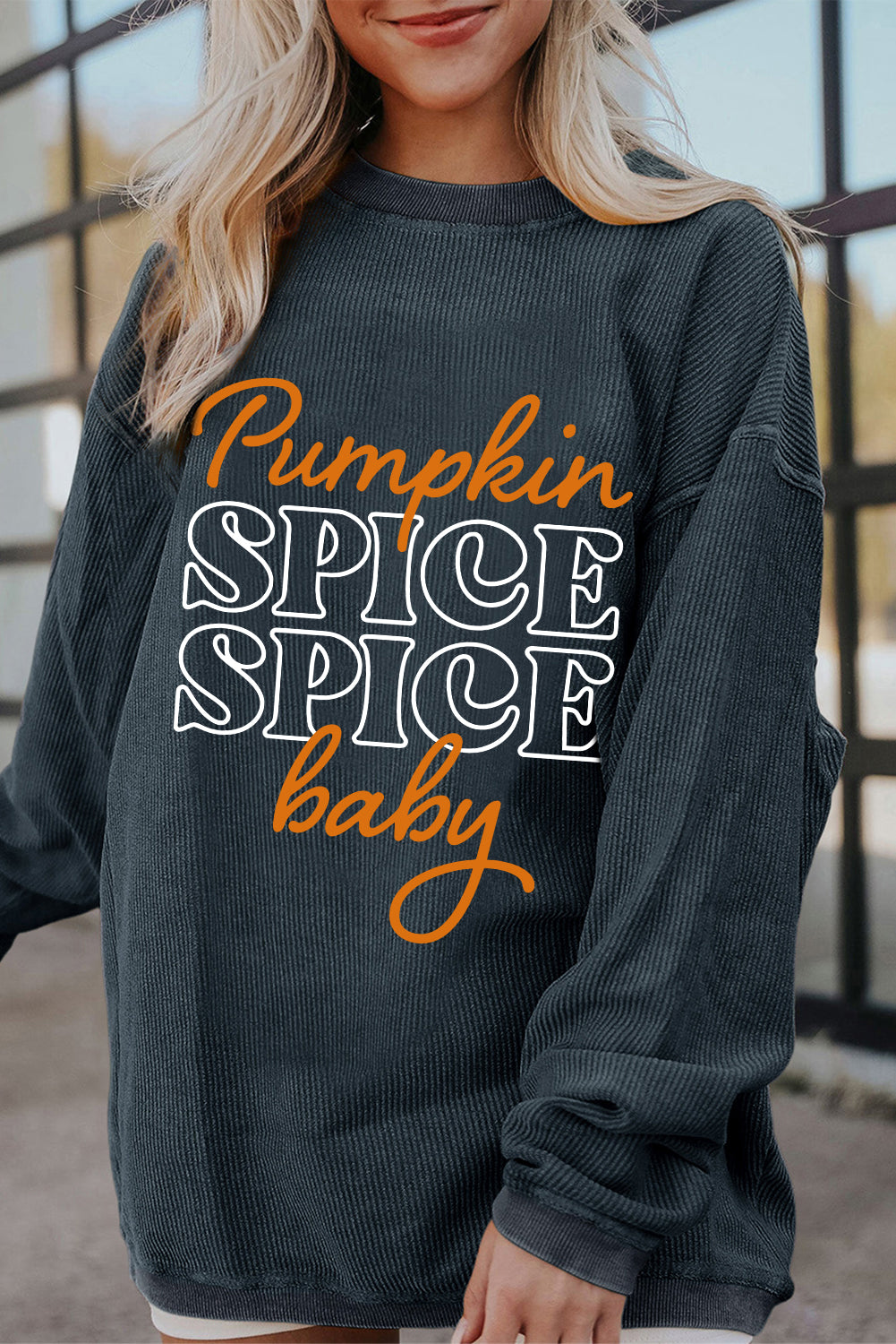 Dark Grey Textured Sweatshirt with Pumpkin Spice Baby Graphic for Halloween